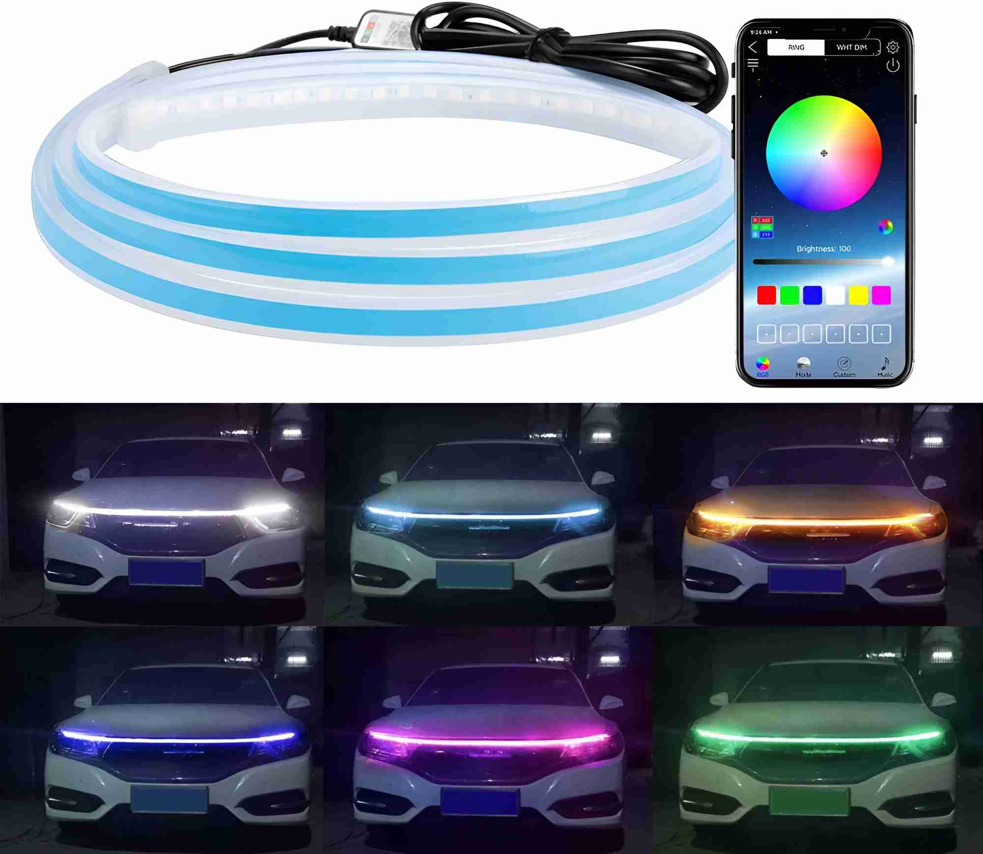 Car LED Strip Light, White Light Flexible LED Strip Lights For Car Hood, 59 Inches Daytime Running Light For Cars image