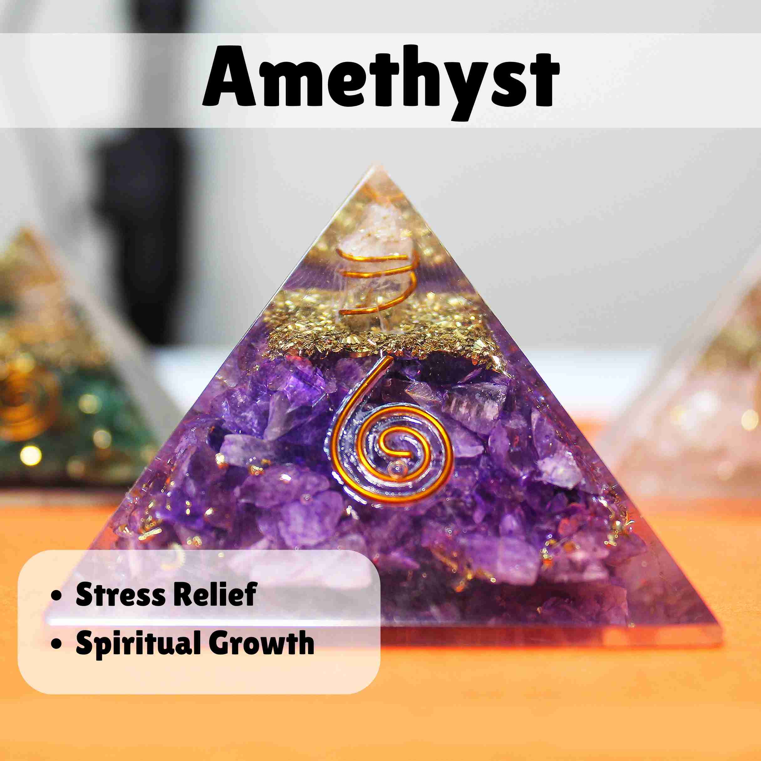 Amethyst Orgone Crystal 3-Inch Pyramid Handcrafted Resin with Power Symbol for Spiritual Awakening, Clarity, and Protection image