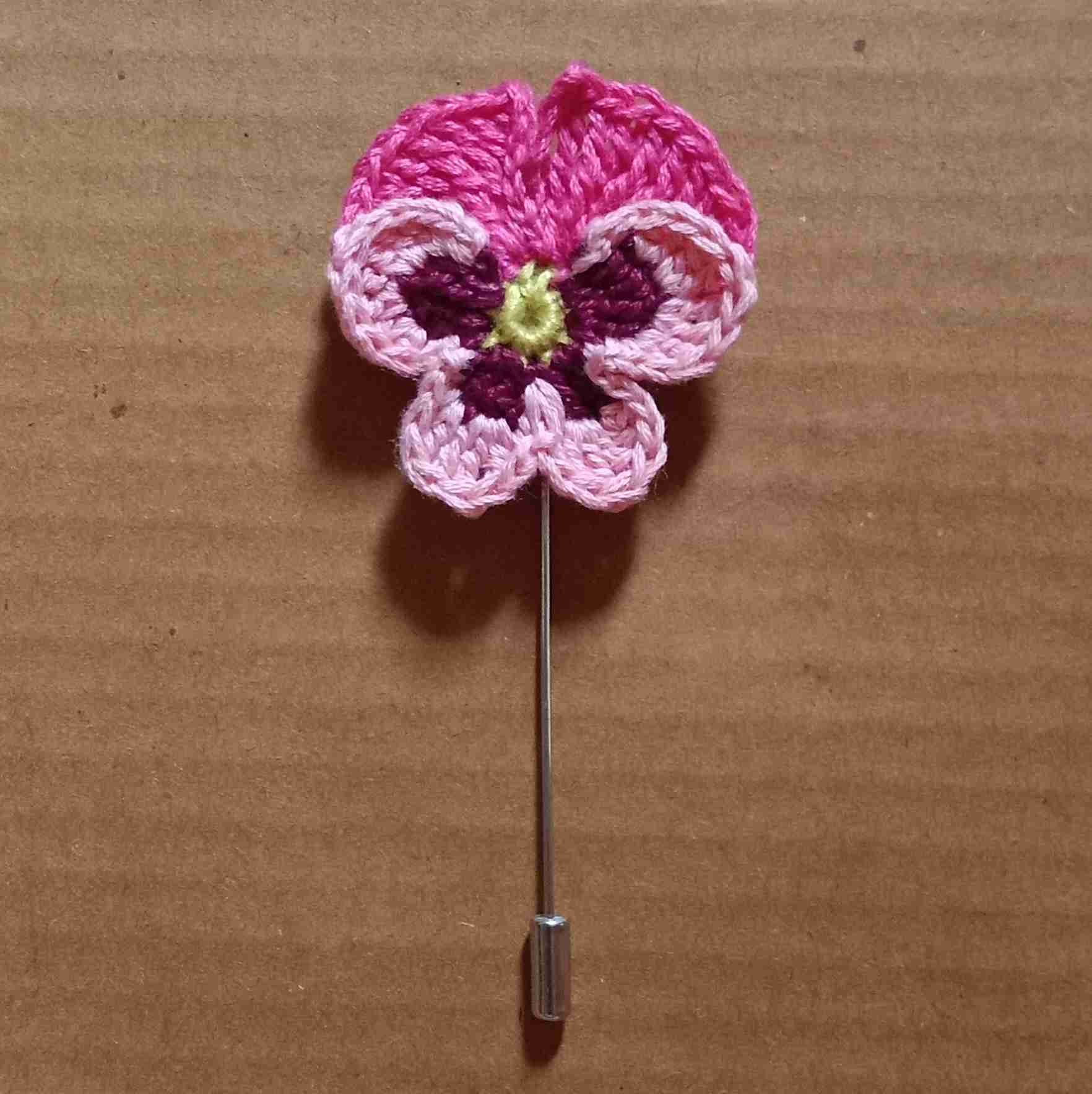 Crochet Pansy Flower Lapel Pin Brooch 