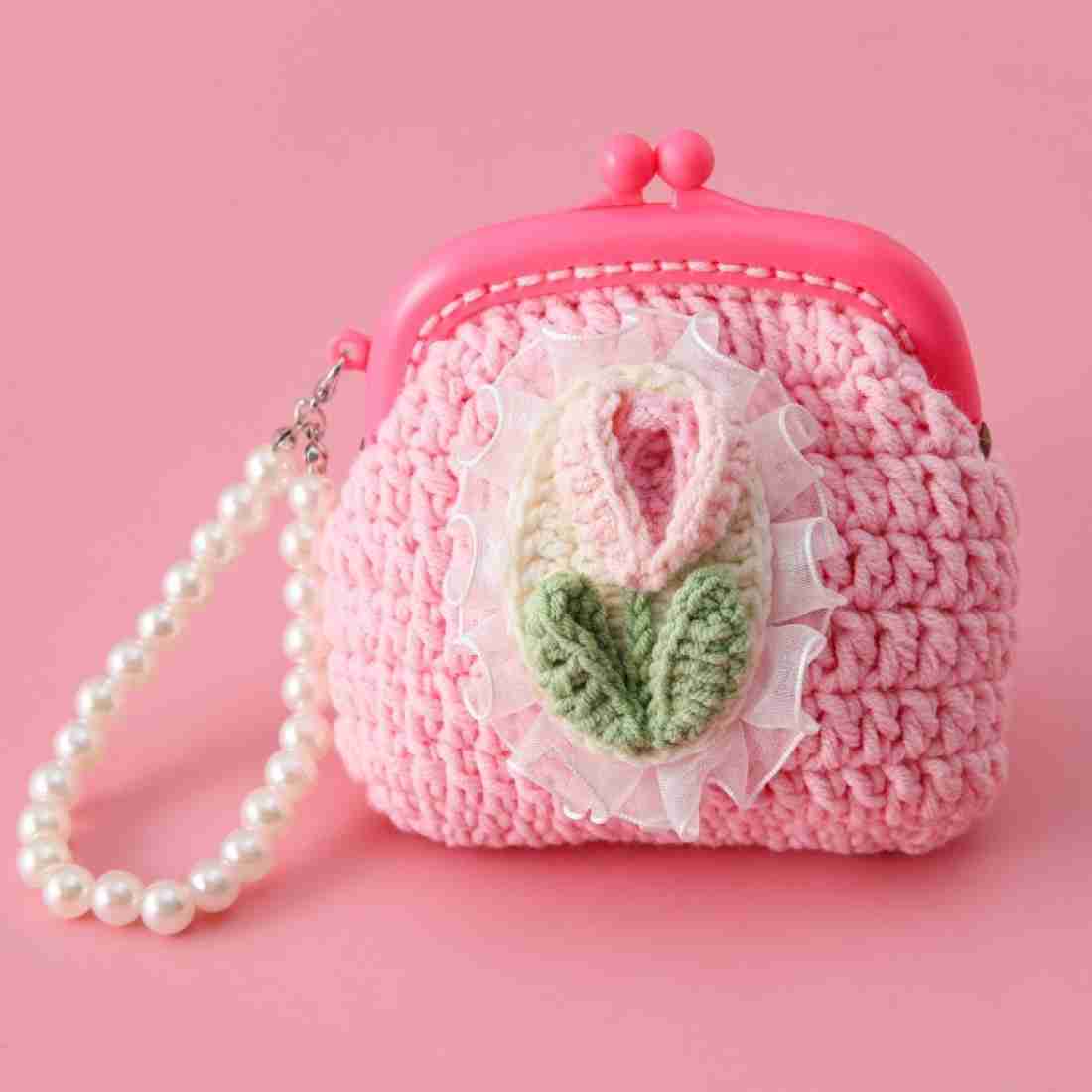 Handmade To Order Crochet Woollen Tulip Lucky Clutch Pouch image
