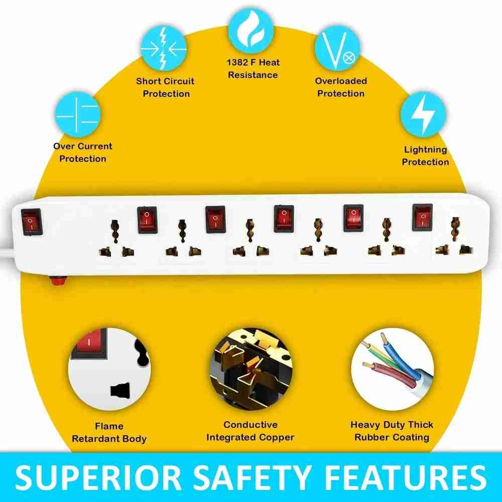 FEDUS 6 Socket 6 Switch Junction Box with Switch, Extension Cords Cord, Spike Buster, Extension Board image