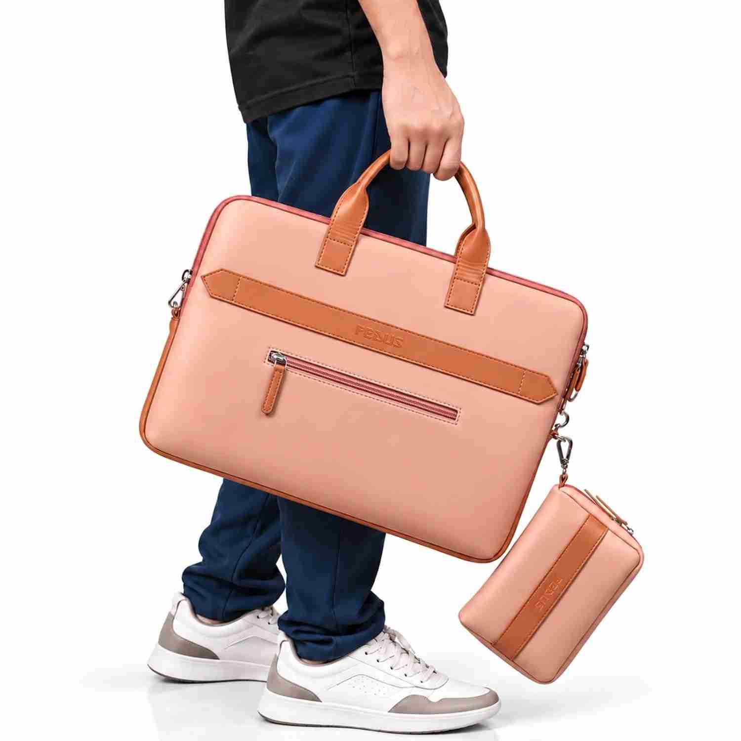 FEDUS Aurum Dusty Coral Laptop Bag Vegan Leather Handbag Crossbody Messenger Bag Slim Vintage Professional Business Briefcase Water Resistant Multiple Compartment Organisers & Accessories Pocket image